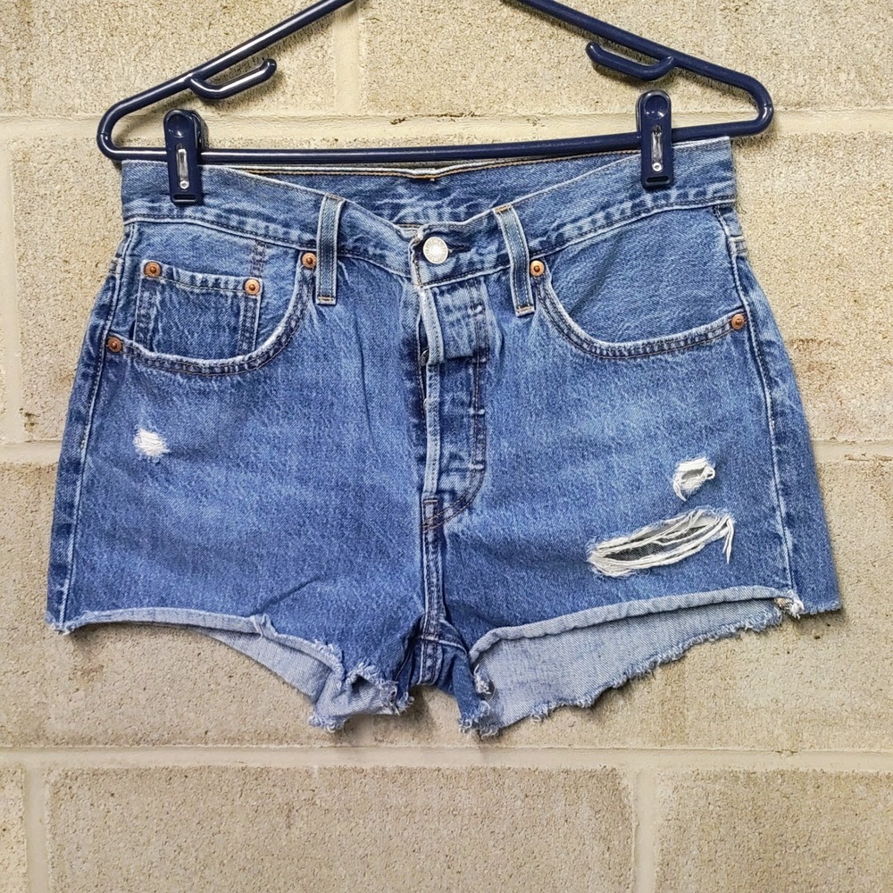 Levis 501 Jean Shorts Women 28 High Rise Button Fly Cut Off Denim Festival Rigid